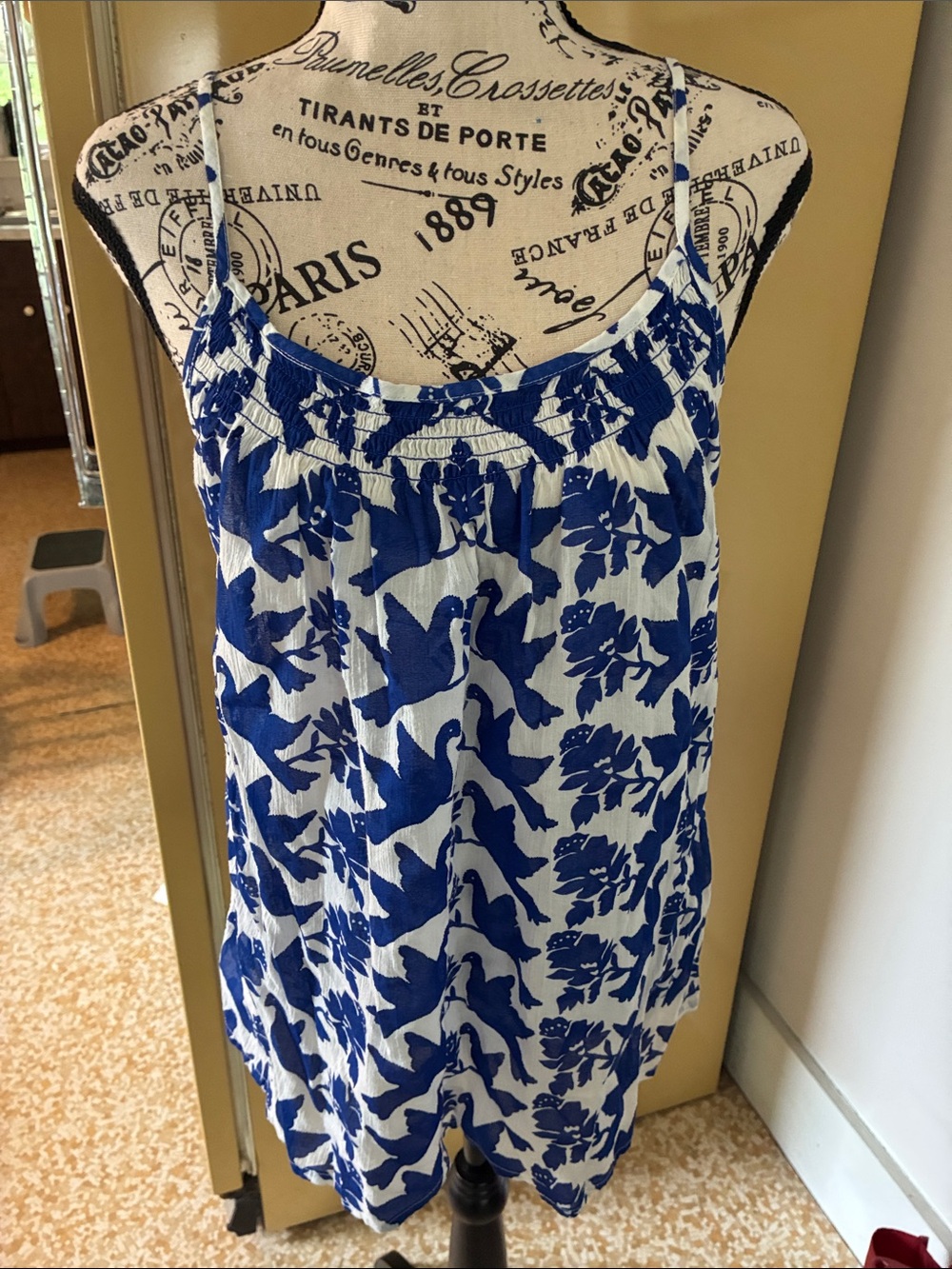 Old Navy White Tank with Blue Floral & Bird Print